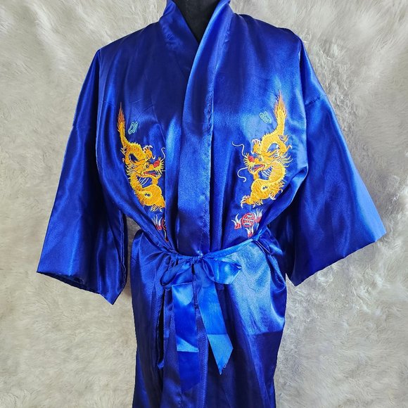 Golden Dragon Unisex Blue Satin Asian Dragon Embroidery Long Bathrobe XL - Picture 1 of 9